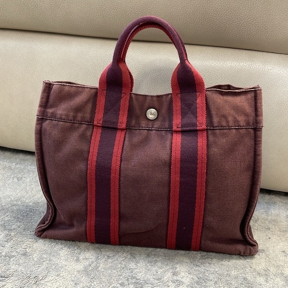 Hermes Paris Fourre Tout Burgundy Canvas Small Tote Bag Designer - Picture 3 of 17